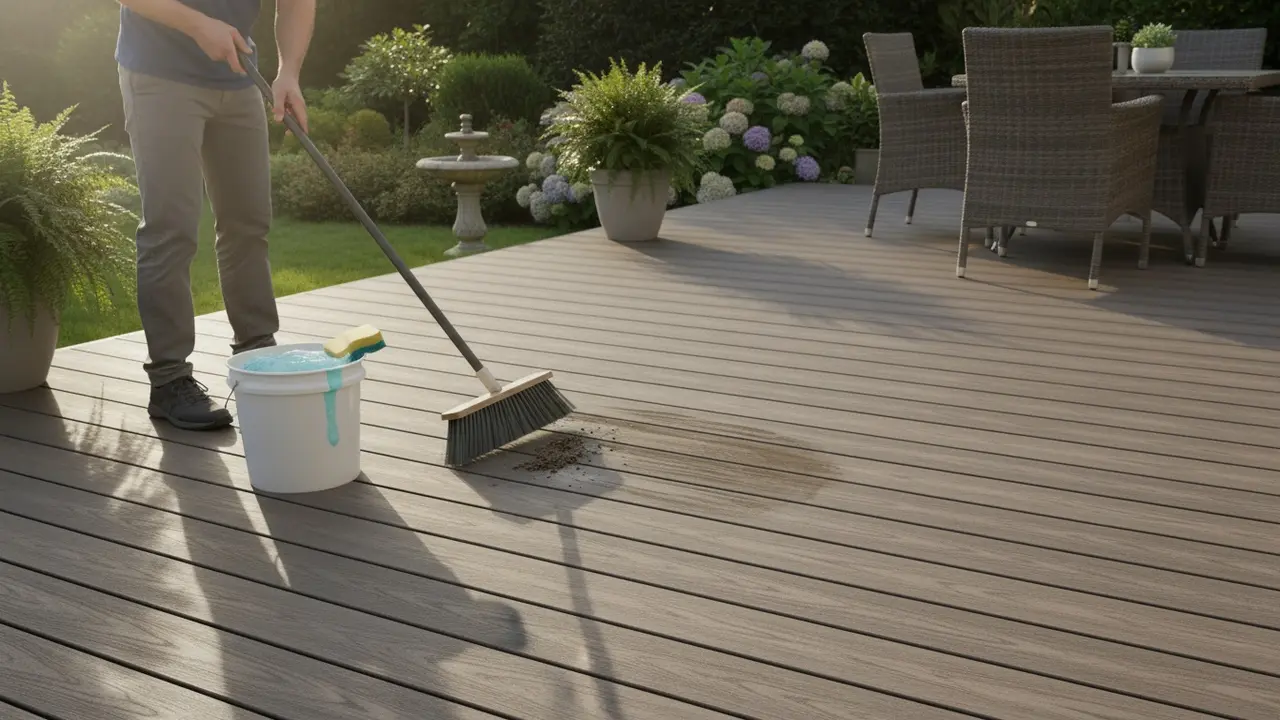 Person fejer komposit-terrasse med blød kost og spand med mildt rengøringsmiddel
