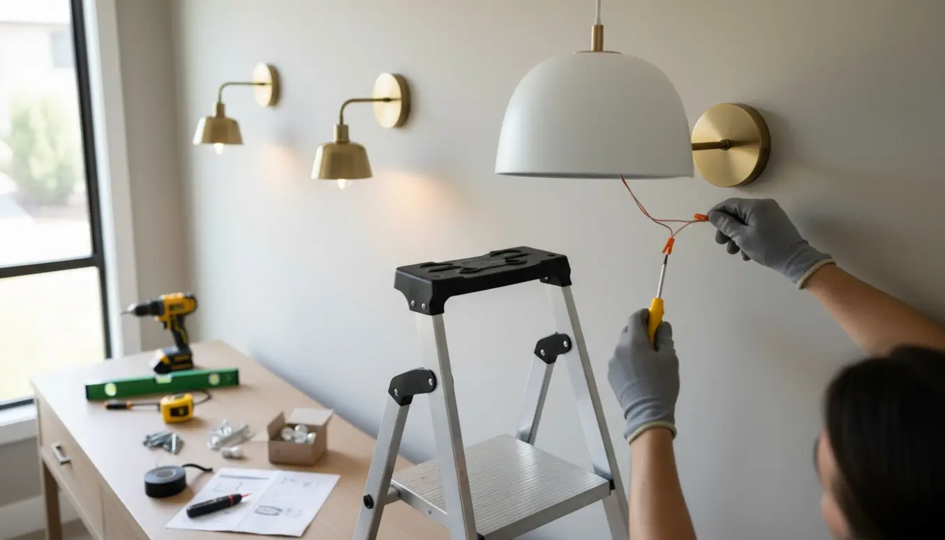 Installation af to væglamper og en loftslampe i en moderne gang med hænder på en stige.