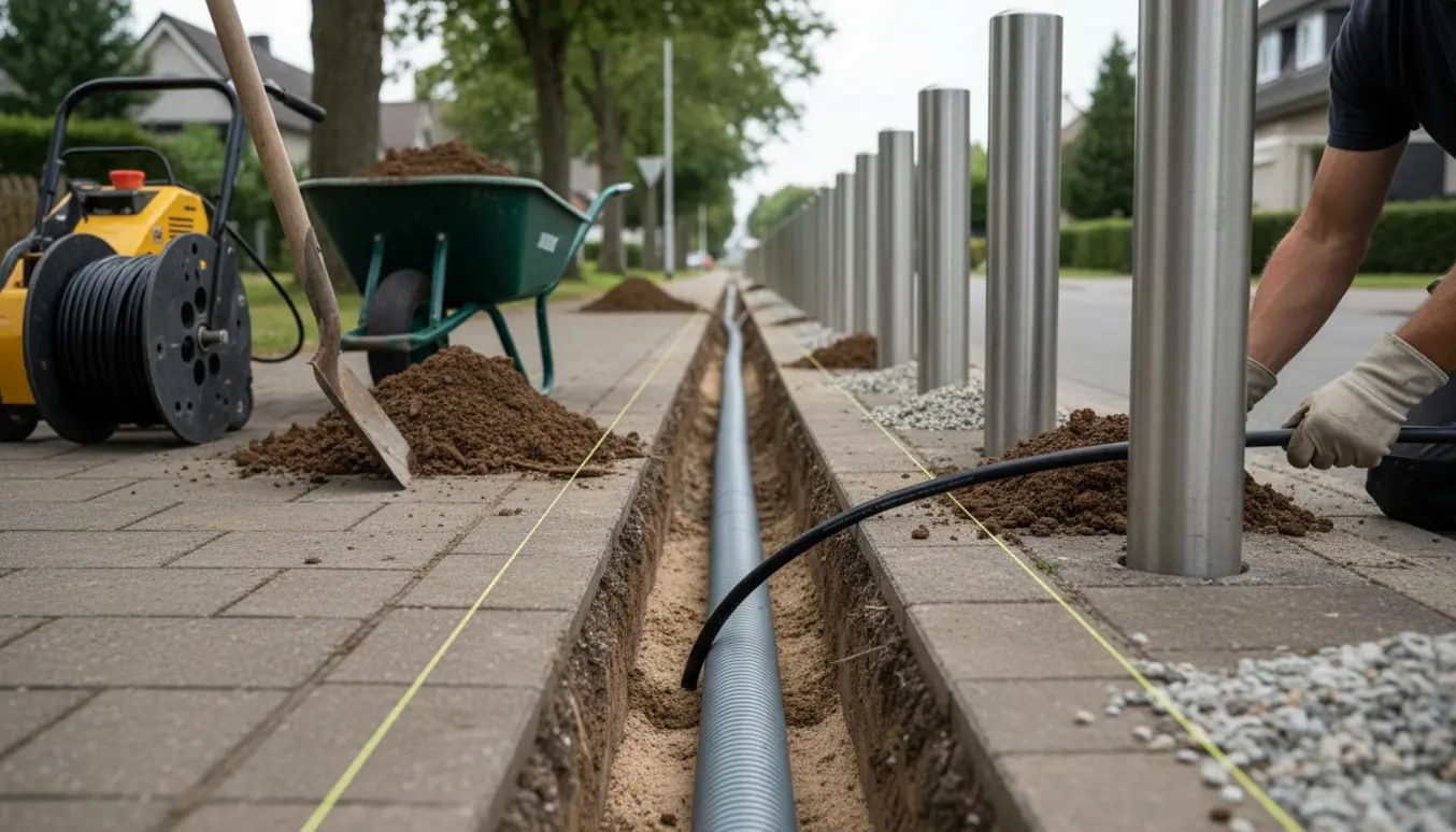 Åben rende ved udendørs pullerter, hvor en kabelrør lægges ned med kabeltromle og værktøj.