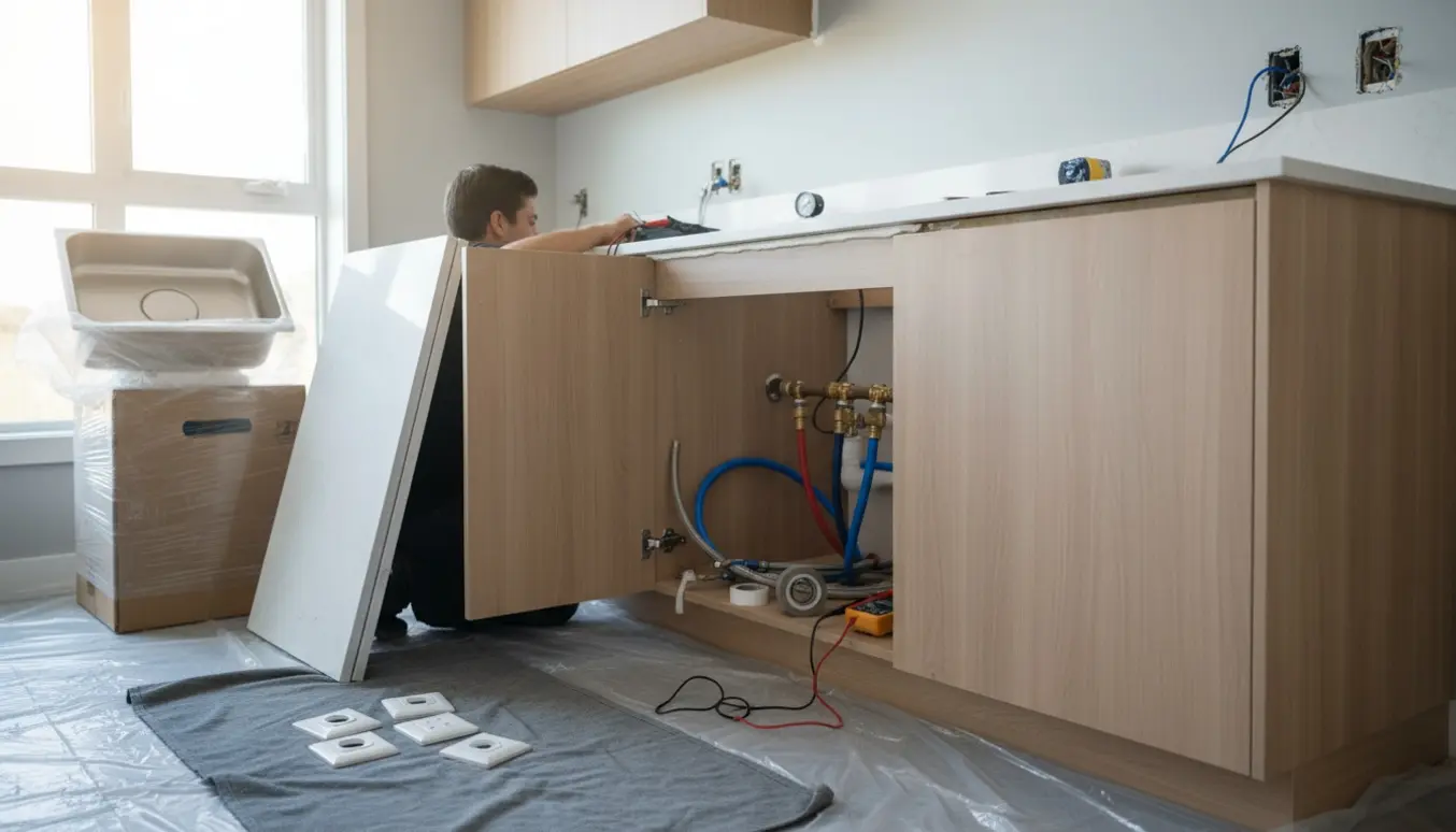 Installatører forbinder el og VVS i et nyt køkken, med pakket bordplade og vask klar til montering.