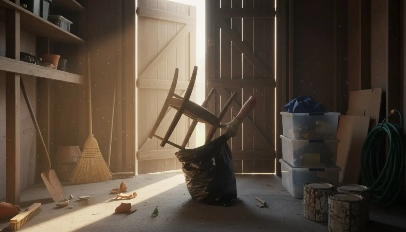 Hænder rydder op i et rodet skur med affaldssække og stablede beholdere.