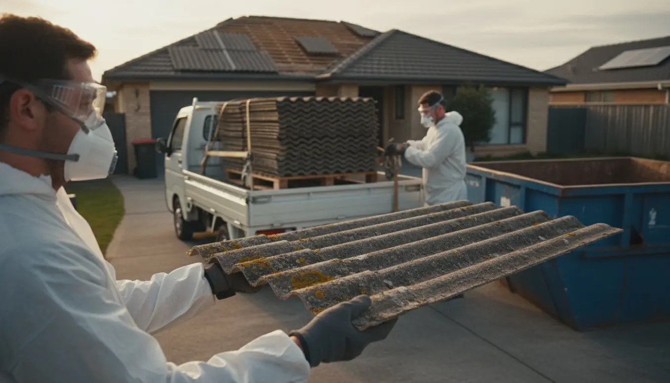 Arbejder i beskyttelsesudstyr løfter vejrslidt eternitplade ind på en lastbil klar til bortskaffelse.