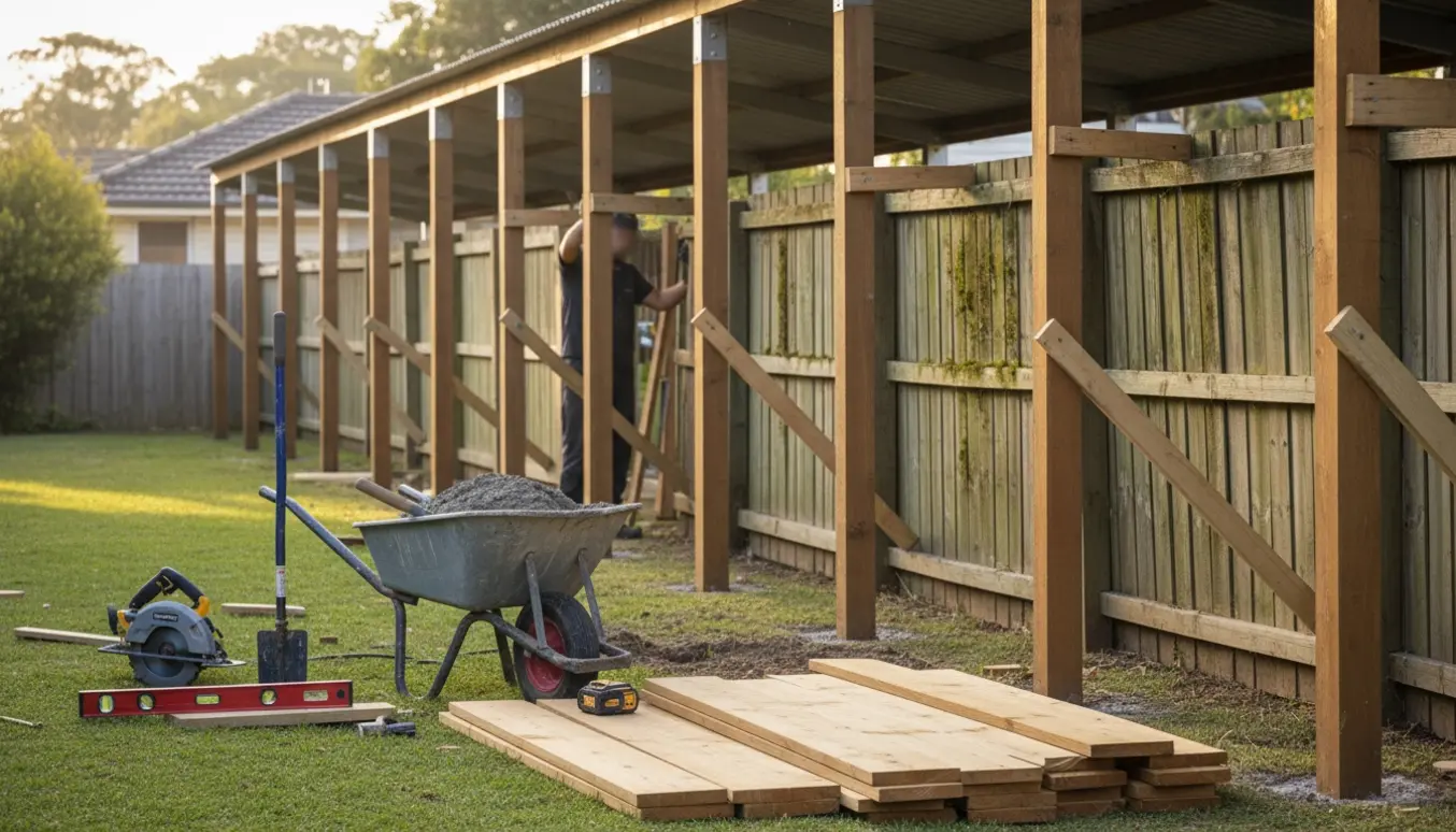 Udskiftning af et nedslidt plankeværk med nye planker, værktøj og midlertidige træstøtter under carporten.