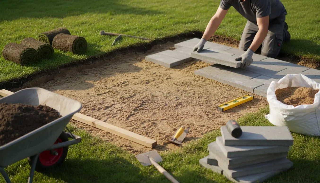 Nyudgravet 8 m² haveareal belægges med grå rektangulære fliser, sand, værktøj og stablede fliser i baggrunden.