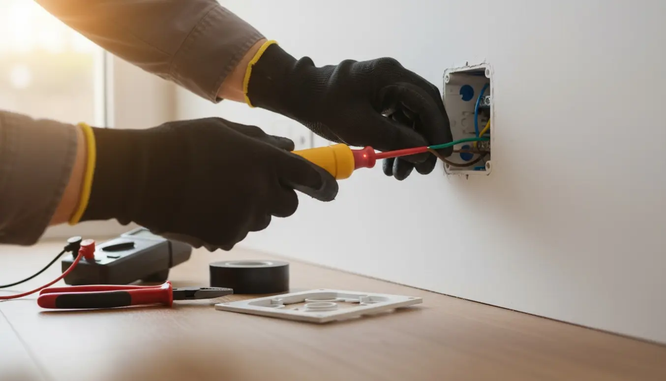 Nærbillede af en elektrikers handskerede hænder, der genetablerer ledninger i en åben stikkontakt i et moderne hjem.