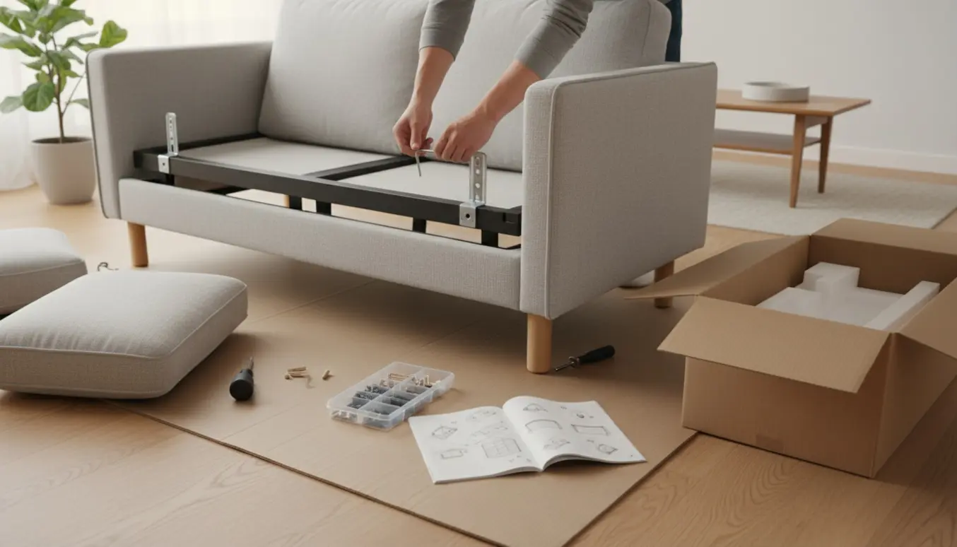 Hænder samler en grå, flatpack sofa med værktøj og dele spredt på karton i en lys stue.