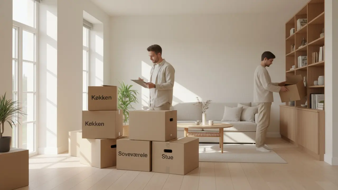 Organiseret stue med mærkede flyttekasser og person med clipboard, klar til udpakning