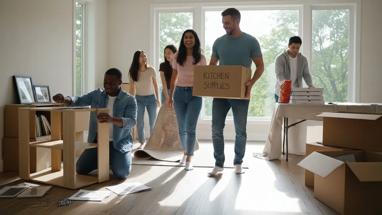 Venner og familie hjælper med at bære flyttekasser og samle møbler, hyggelig stemning