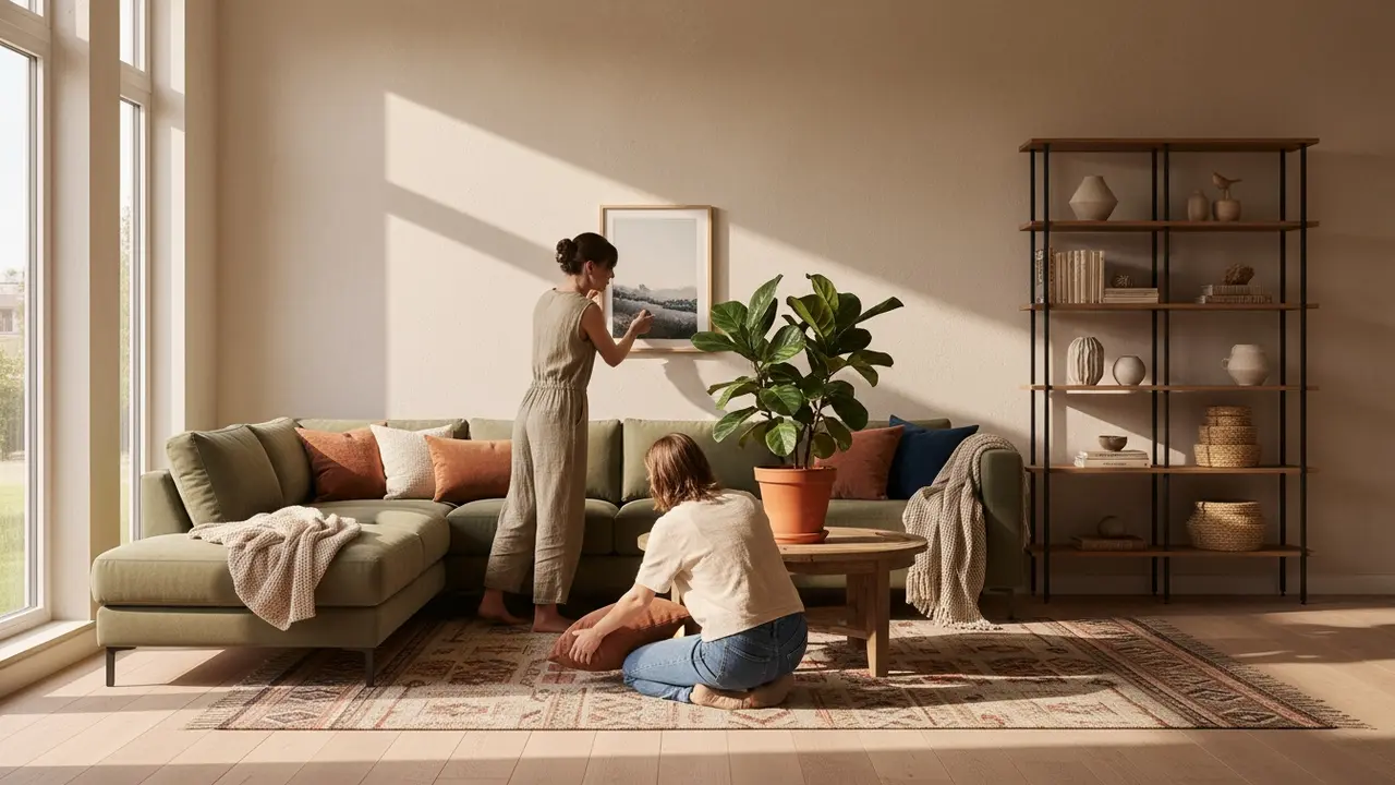 Person indretter stuen med billeder, puder og planter, hjemlig og personlig stemning