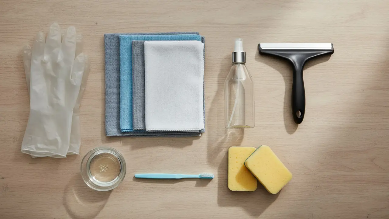 Udstyr til rengøring af glas: mikrofiberklude, glasrens, skraber, bløde svampe og tandbørste lagt frem.