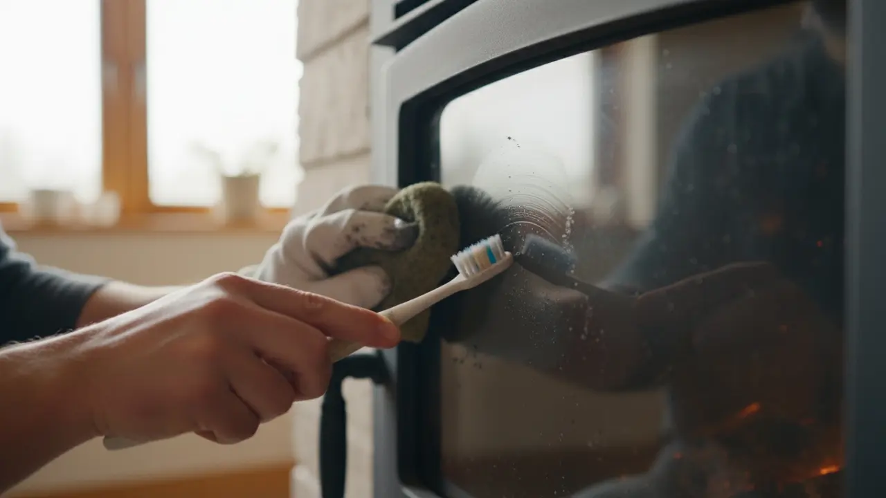 Nærbillede af forsigtig fjernelse af sod fra brændeovnsglas med blød tandbørste og svamp.