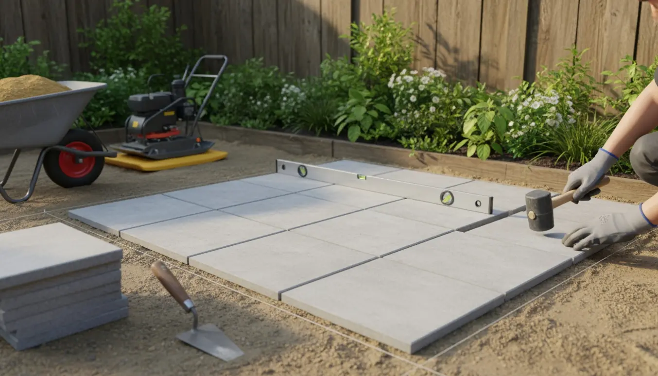 Lille lysegrå fliseterrasse i havens hjørne under oplægning med værktøj og hænder i fokus.