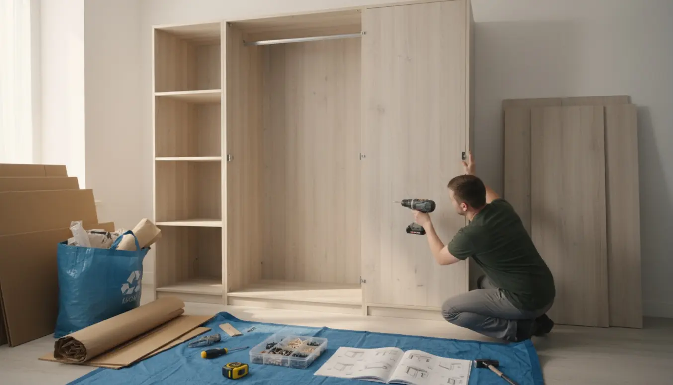 Delvist samlet stort fladtpakket garderobeskab i et lyst værelse med værktøj og sammenfoldet pap klar til bortskaffelse.