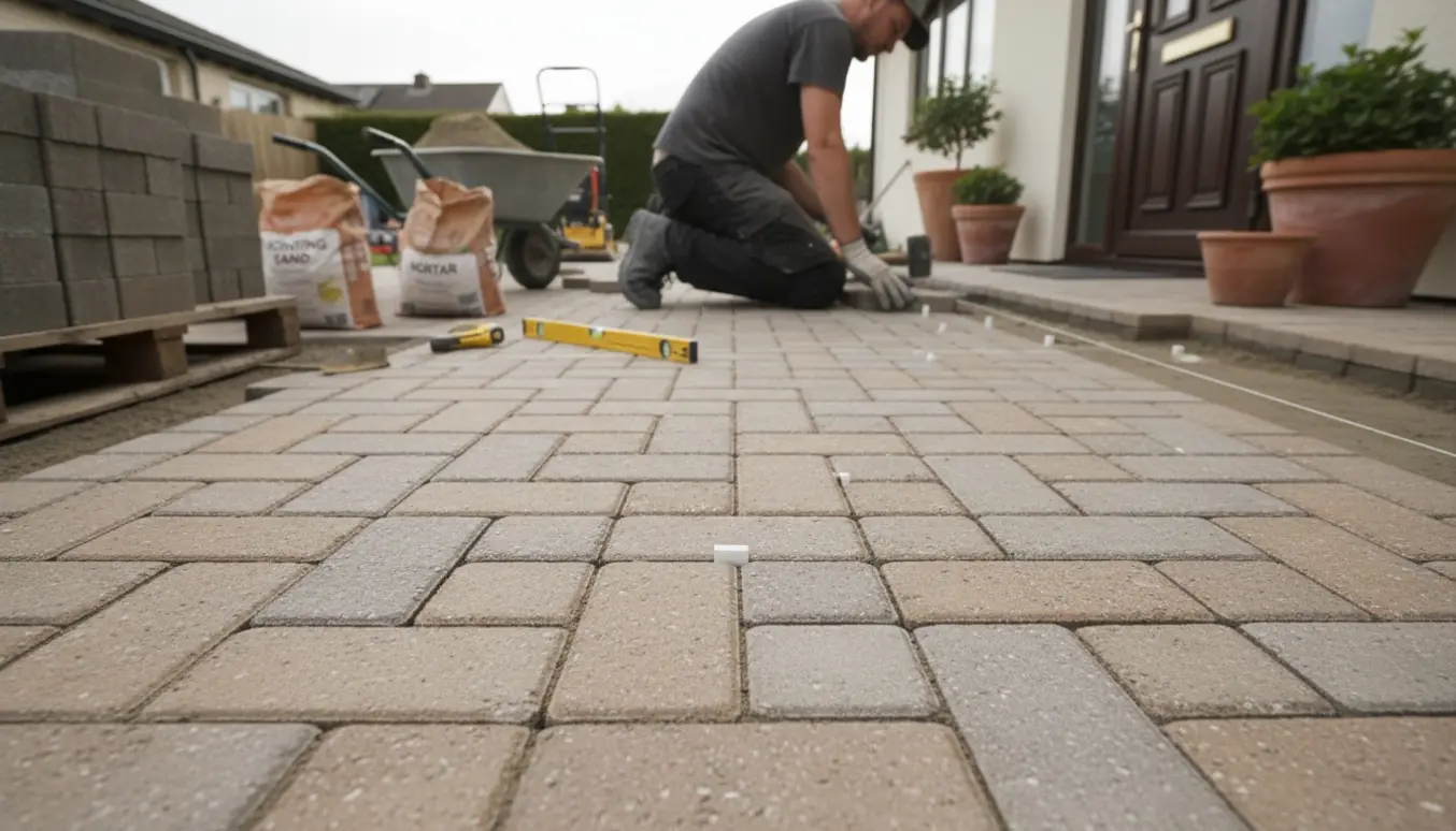 Delvist anlagt terrasse og indgangssti med fliser i københavnermønster, værktøj og materialer i baggrunden.