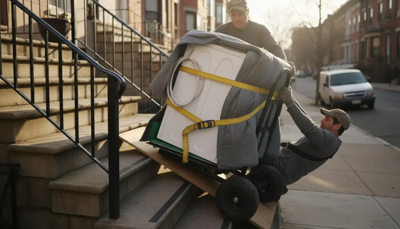 To personer bærer en vaskemaskine forsigtigt ned ad rækkehusskridt med flyttestropper og tæpper.