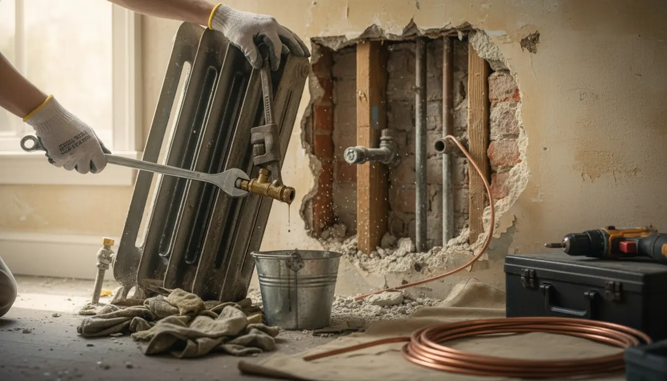 Afmontering af en vægradiator med handske-klædte hænder, skruenøgle, spand og udsatte rør i et rum under renovering.