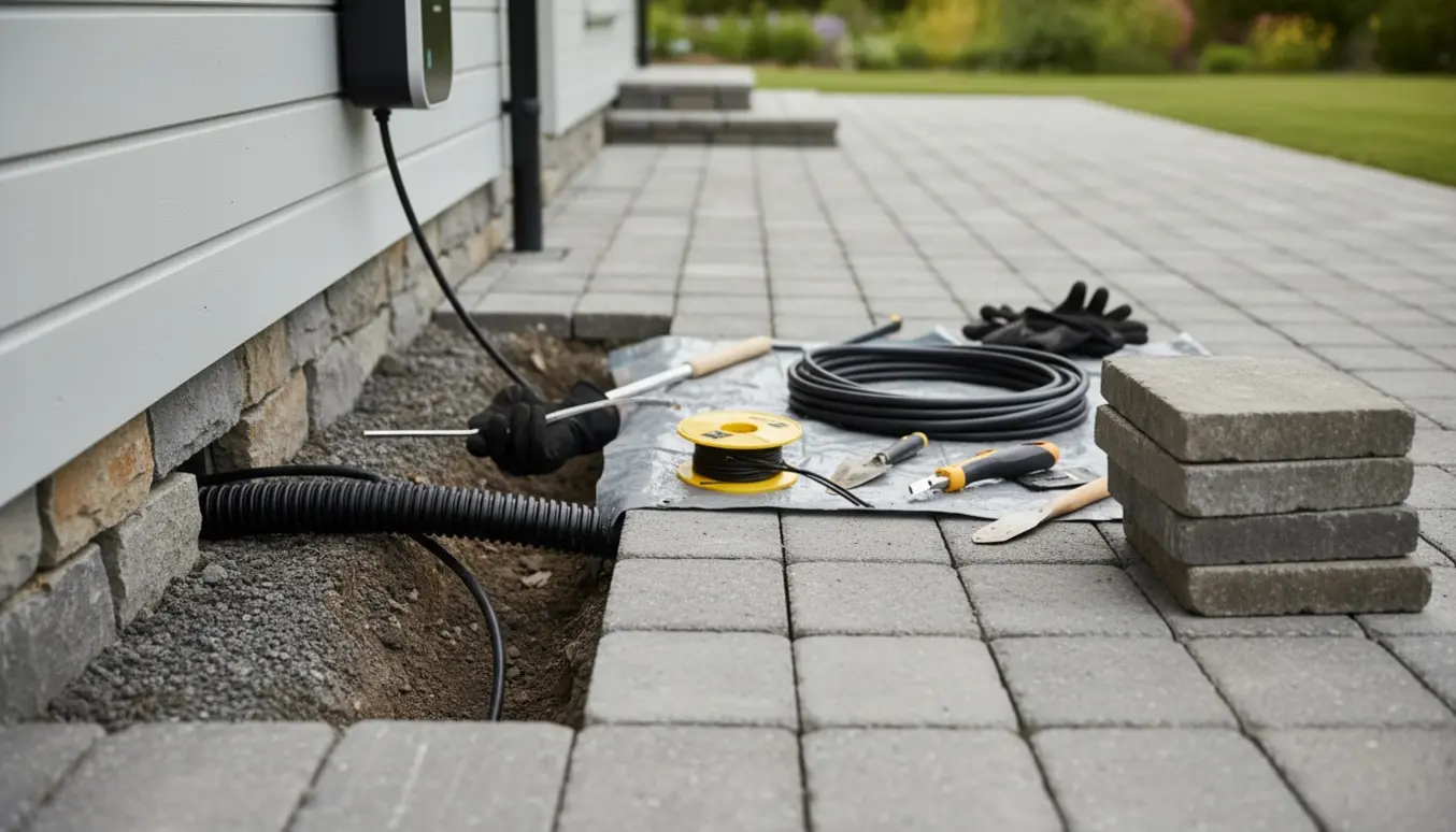 Nedgravning af kabel under fliser med tomt rør og ladeboks ved husets væg.