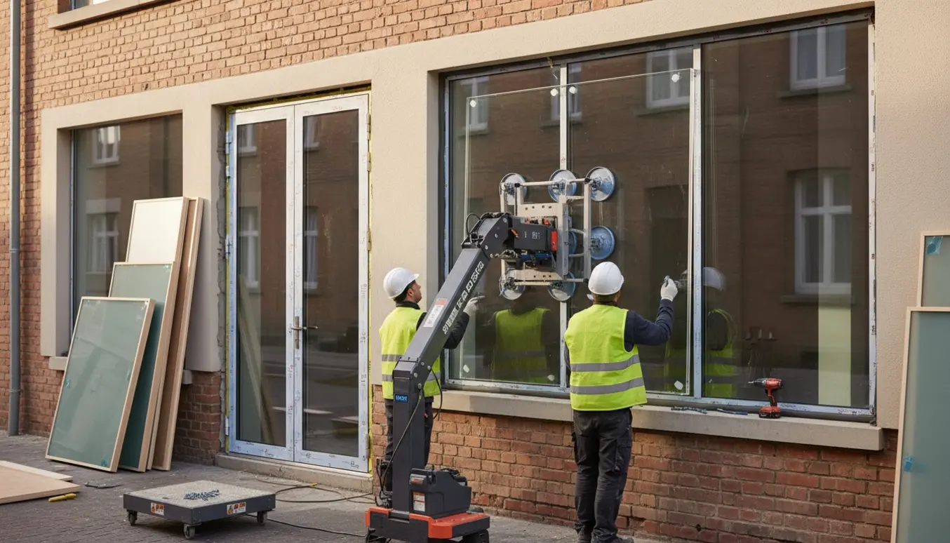 Montage af store glaspartier og dobbeltdør i stueplansfacade med glasløfter, isolering og fugearbejde.