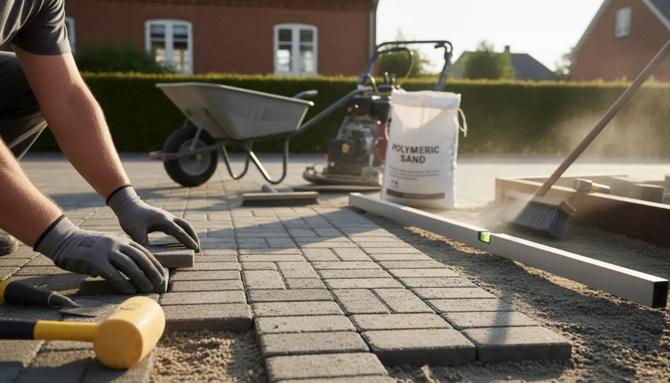 Nærbillede af afsluttende brolægning på en indkørsel med fliser, gummihammer og fugesand.
