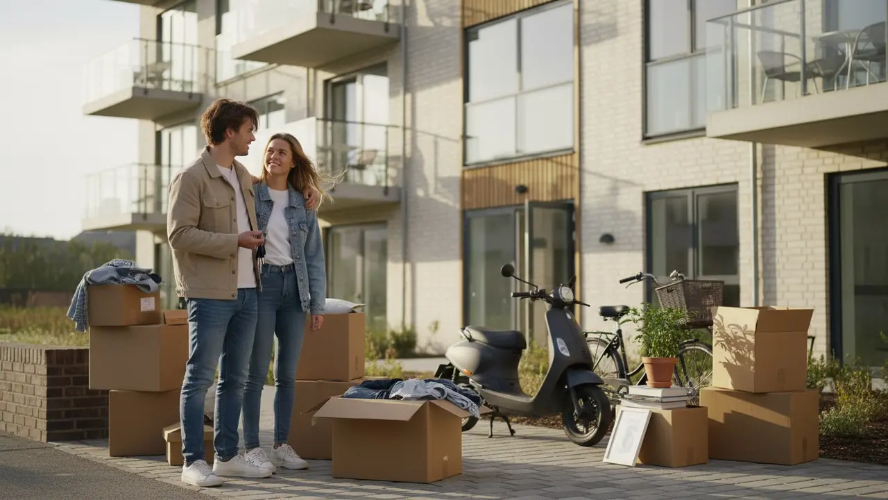 Unge ved indgang til ny bolig med flyttekasser og nøgler