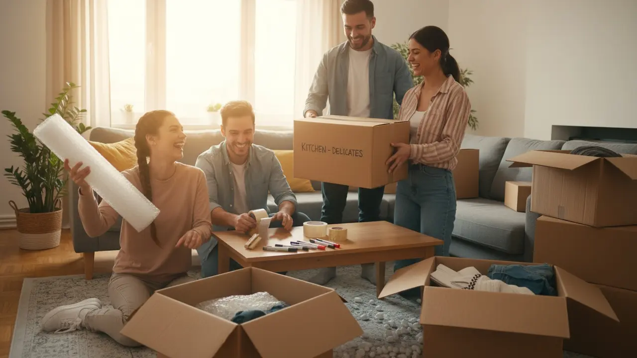 Venner hjælper med pakning og bæring af flyttekasser i stue