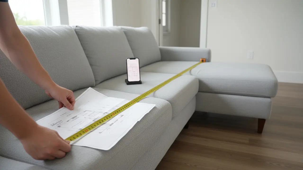 Person måler sofa med målebånd og sammenligner med plantegning