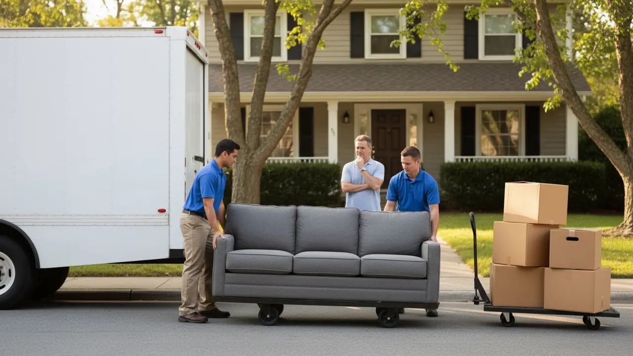 Flyttefirma bærer sofa ind i varevogn uden synlig branding