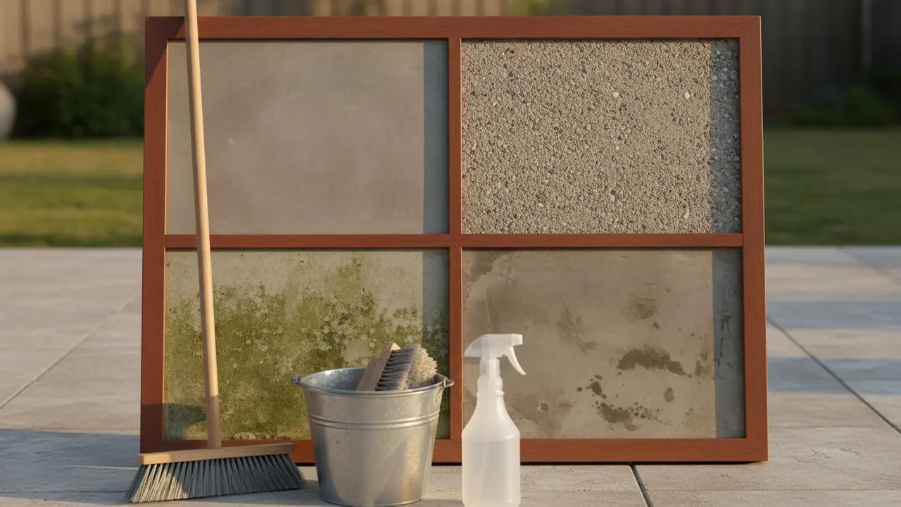 Oversigt af forskellige betonoverflader og rengøringsværktøj i naturligt dagslys