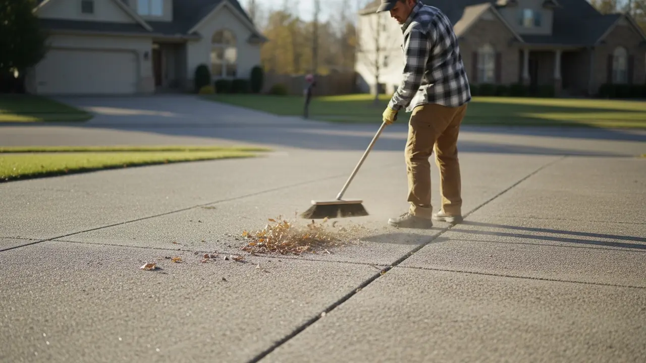 Person fejer løst snavs væk fra en betonindkørsel med stiv kost