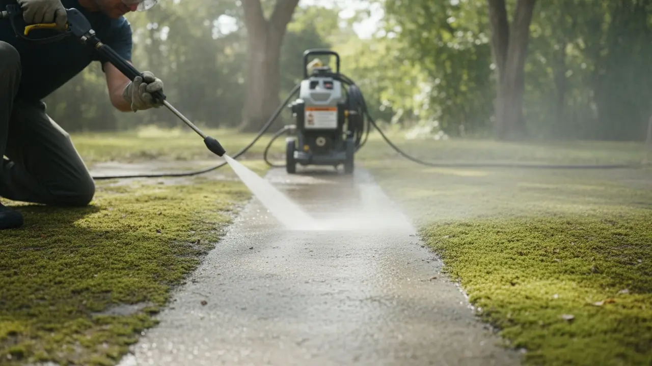 Højtryksrenser fjerner mos fra beton, synlig rengjort stribe og vandstøv