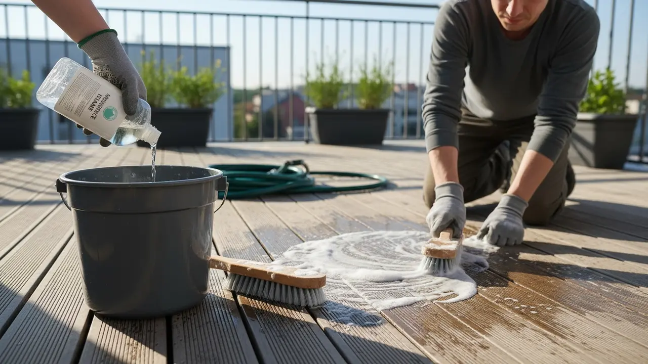 Person blander rengøringsopløsning og skrubber beton på en altan med børste og spand
