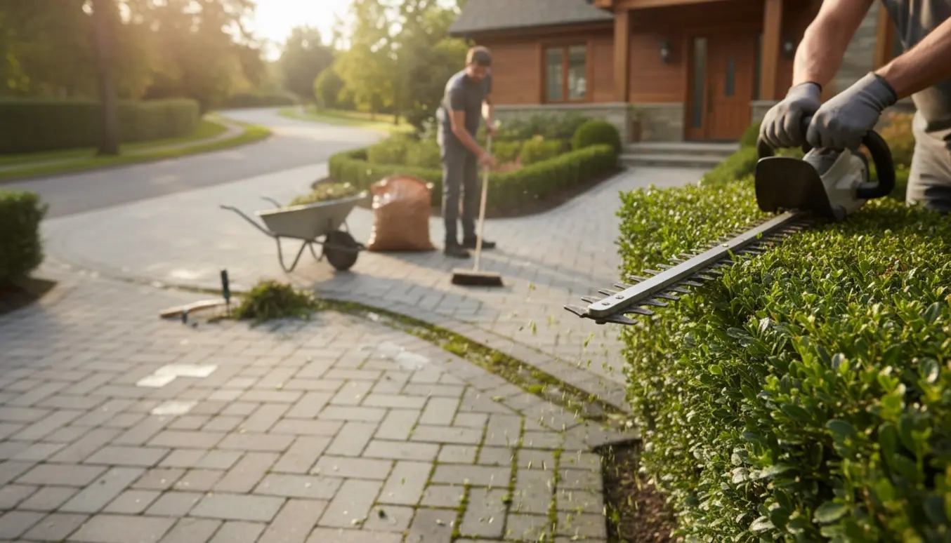 Hækklipning og rensning af fliser og indkørsel foran et hus, med haveredskaber og opsamlet grønt affald.