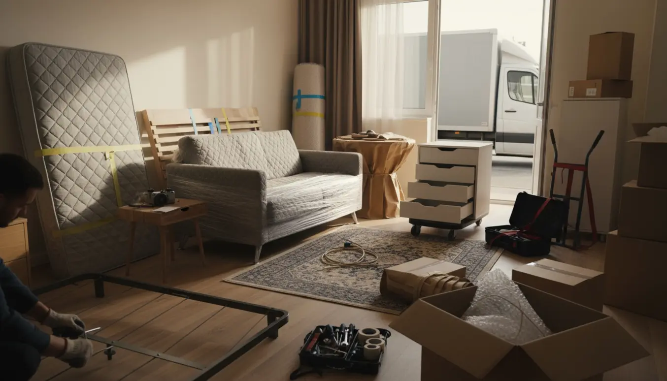 Stue ved jordplansindgang med pakket sofa, delvist adskilt seng og flyttekasser klar til flytning.