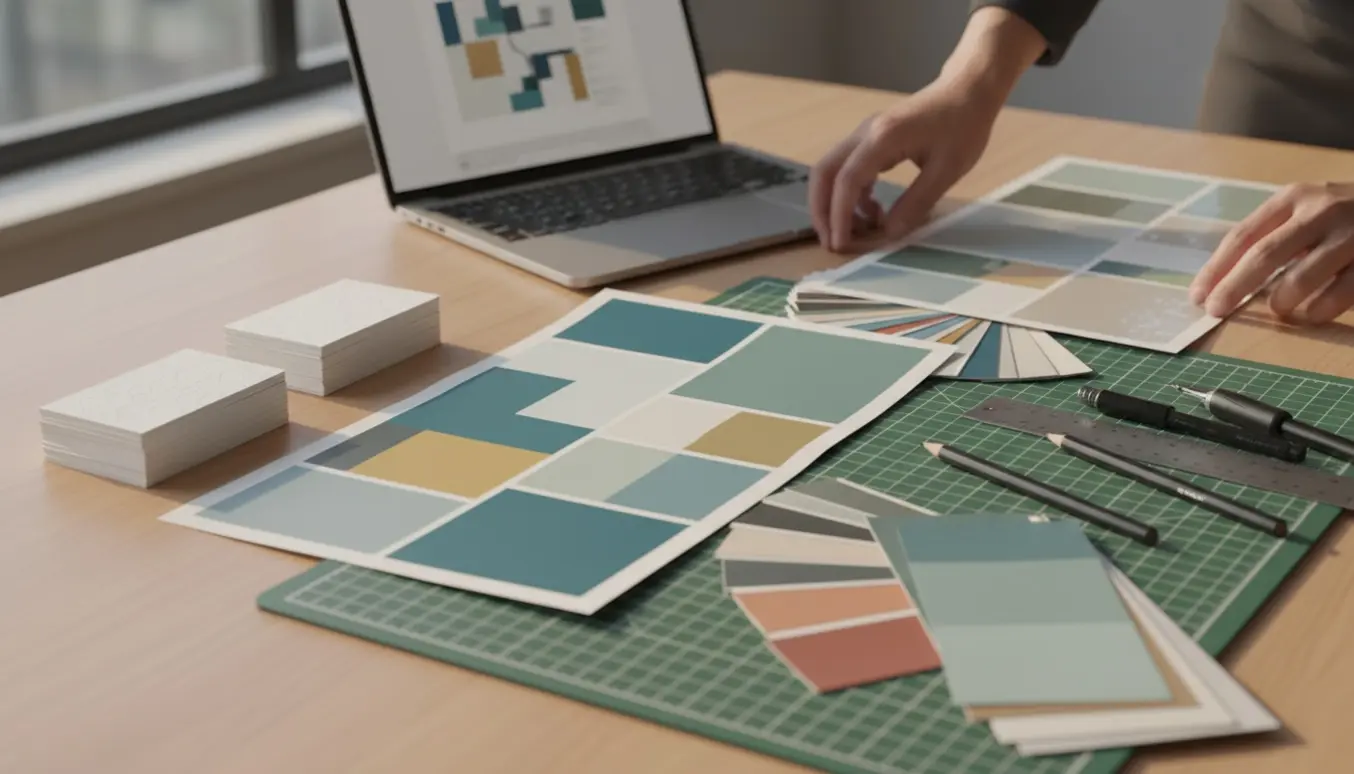 Arbejdsbord med visitkort, flyer og farveprøver i naturligt lys.