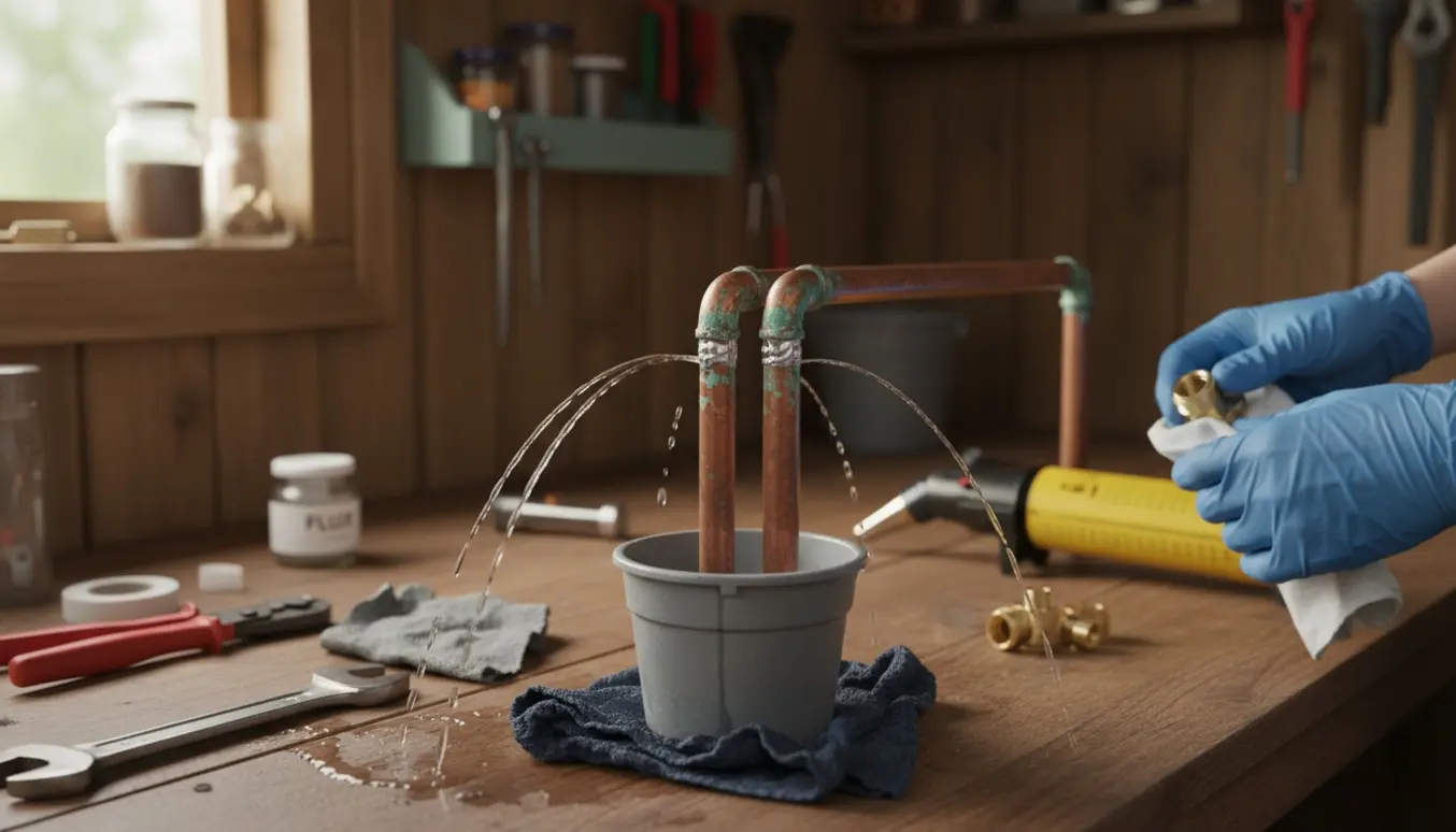 Nærbillede af to utætte kobbersamlinger i et kolonihaveværksted med vanddryp i en spand og værktøj på bordet.