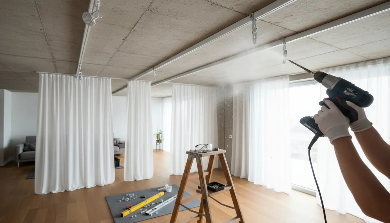En hånd med en slagboremaskine monterer en hvid gardinskinne i et betonloft, med værktøj og beslag på en stige.