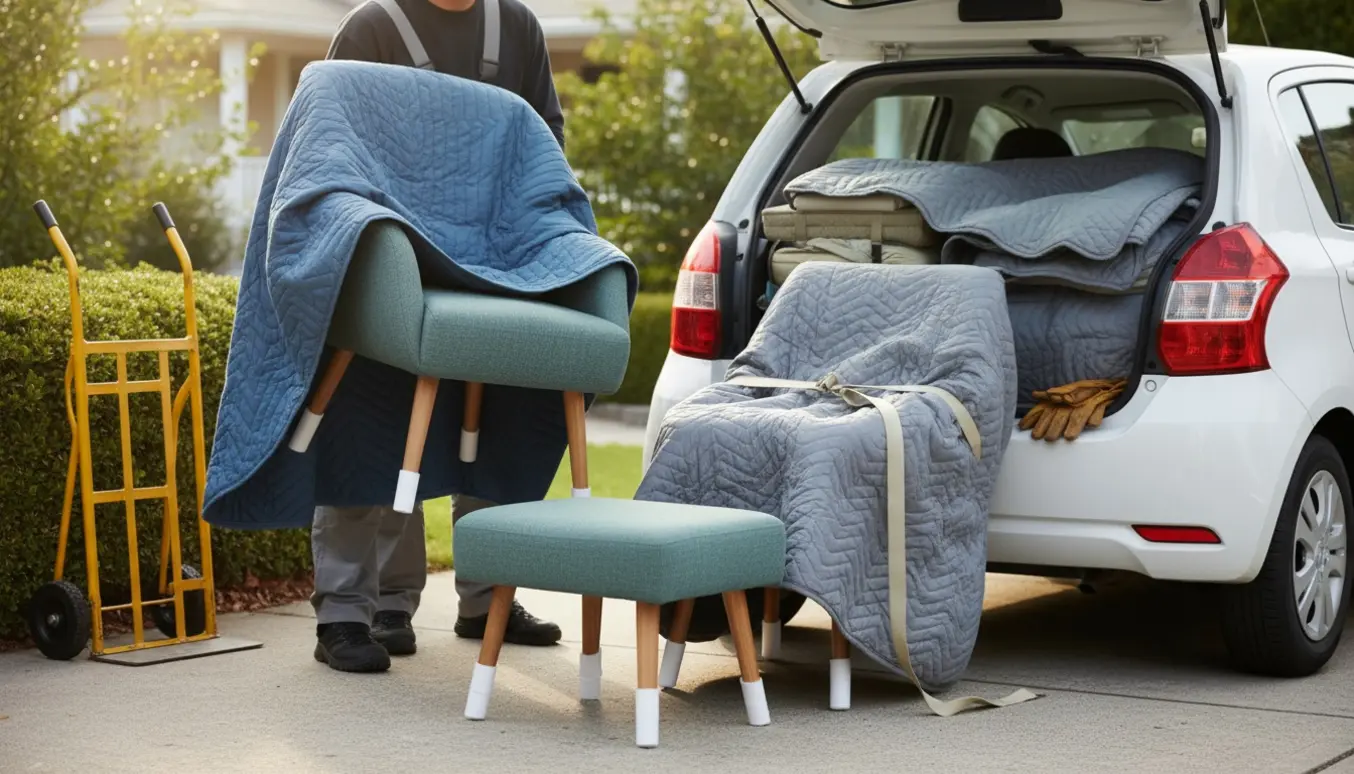 En lille lænestol og fodskammel pakkes i flyttetæpper og læsses ind i en bil, uden at ansigter er synlige.