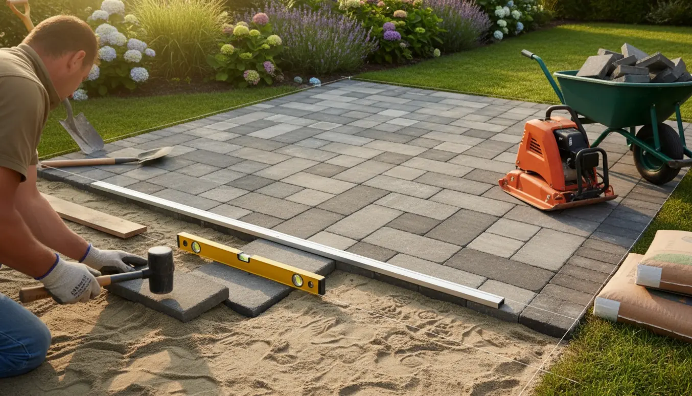 Terrasse under anlæg med fliser på sandbund, komprimeringsmaskine og hænder, der justerer en flise.