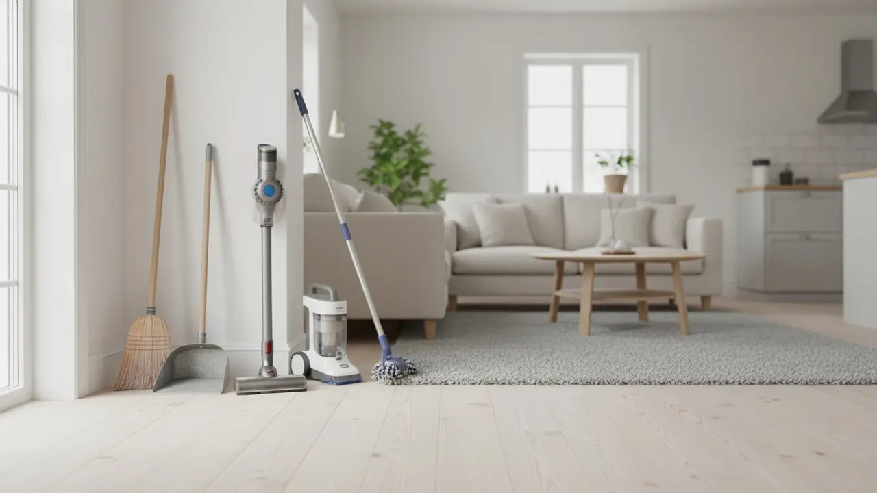 Rengøringsredskaber samlet i lyst skandinavisk rum: kost, fejebakke, støvsuger, moppe og damprenser.