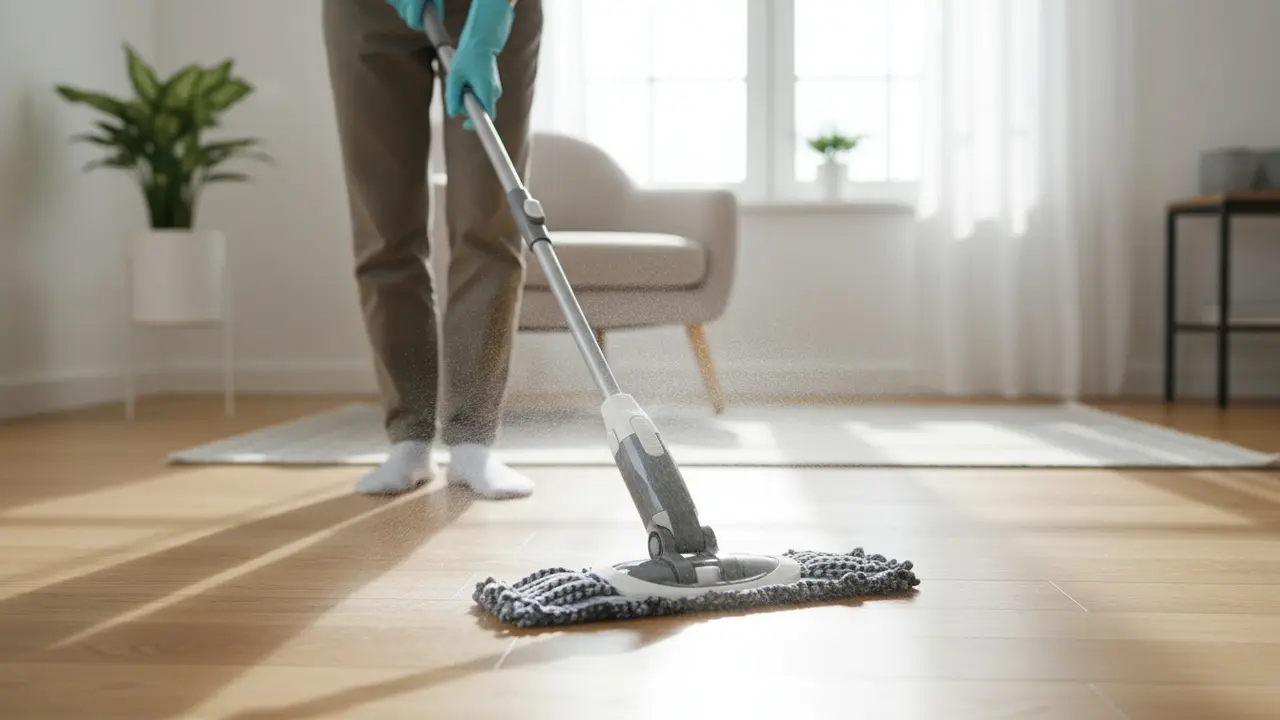 Nærbillede af mikrofibermoppe i brug på trægulv, person iført handsker viser ergonomisk arbejdsgang.