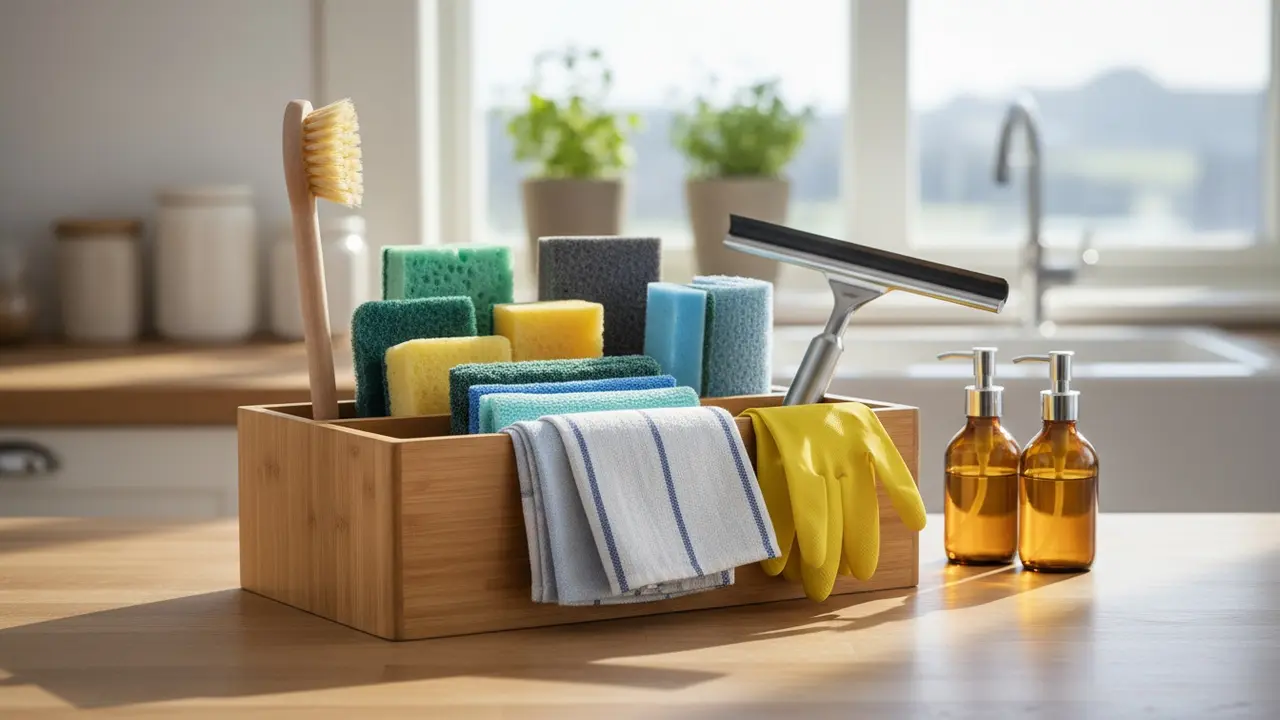 Organiseret rengøringskasse på køkkenbord med børster, svampe, klude, handsker og glasskraber.