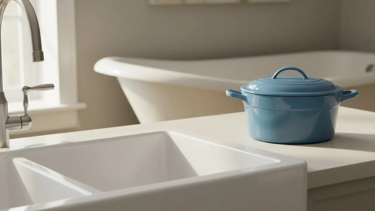 Forskellige emaljeoverflader: vask, badekar og emaljeret gryde på en ren bordplade