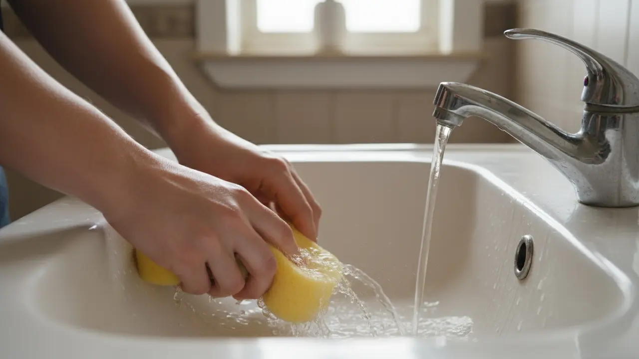 Hænder skyller en emaljesænk med varmt vand og en blød svamp
