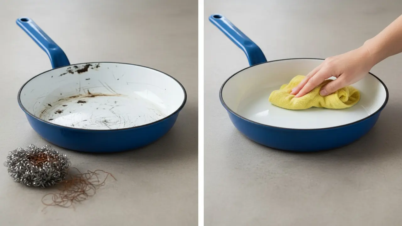 Kontrast mellem ridset emalje ved ståluld og intakt emalje med blød svamp