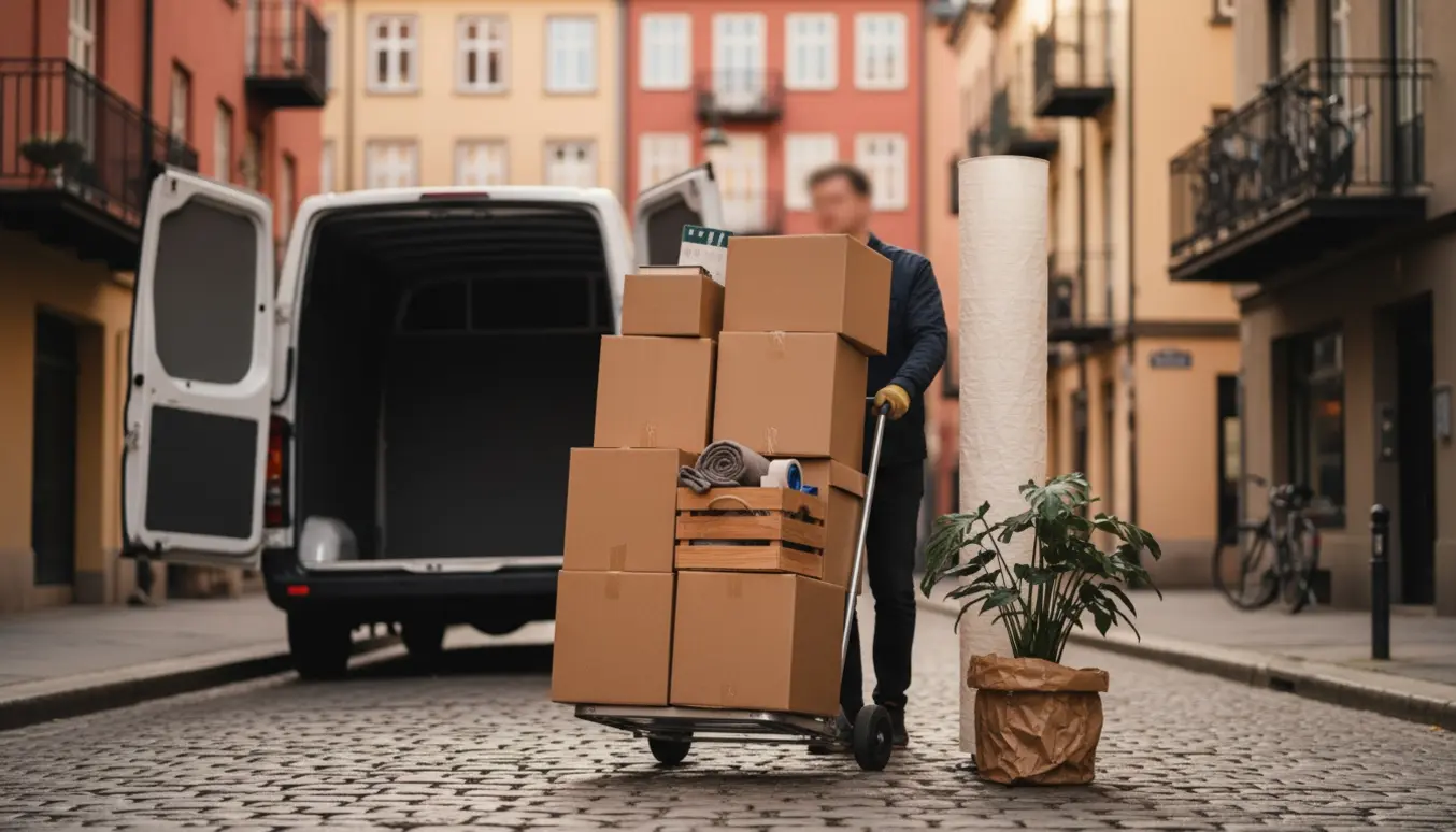 Stakke med flyttekasser på en dolly foran en åben flyttevogn på en københavnsk brostensgade.
