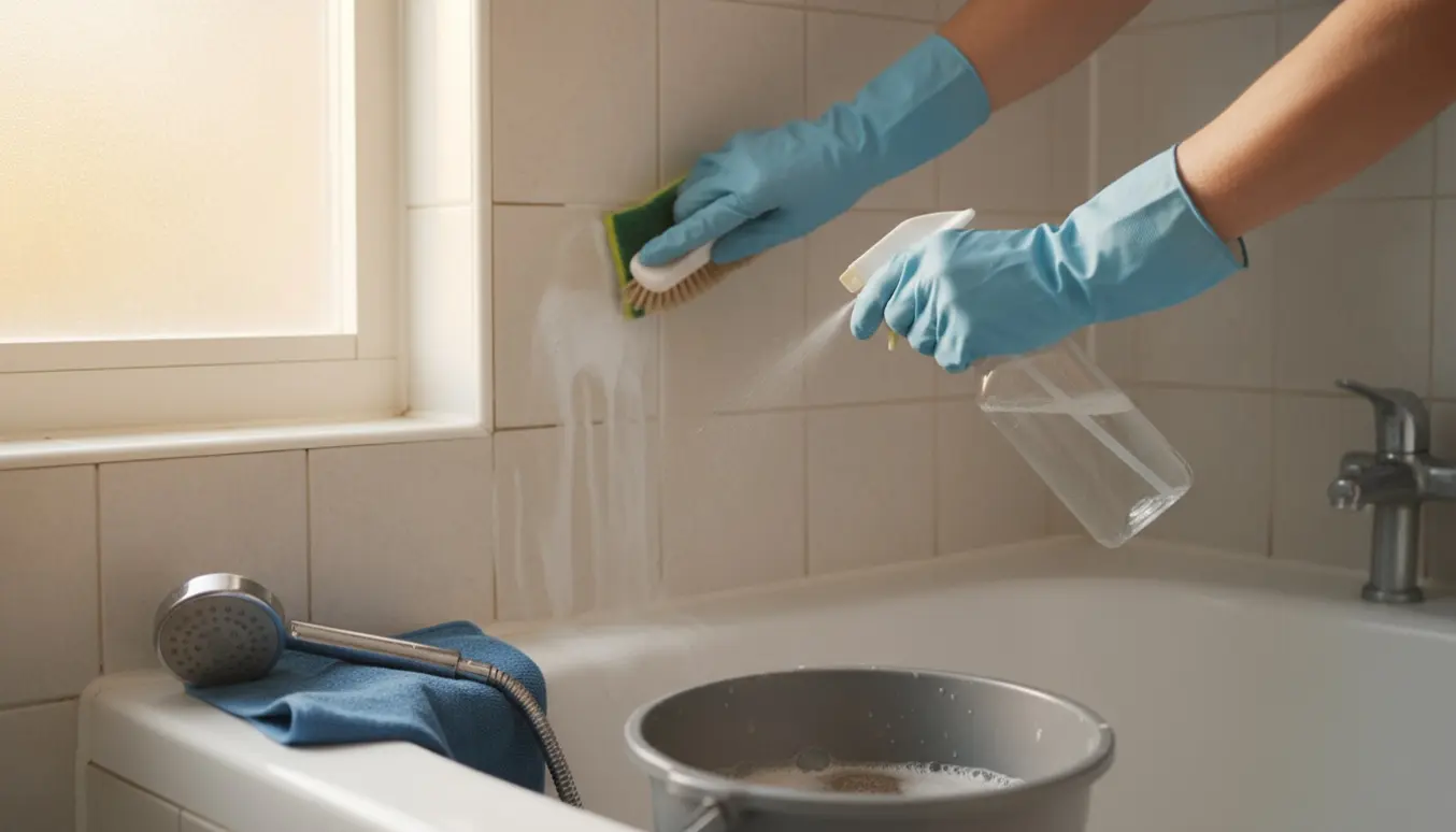 Hænder afkalker brusefliser med børste og rengøringsmidler i et lyst badeværelse.