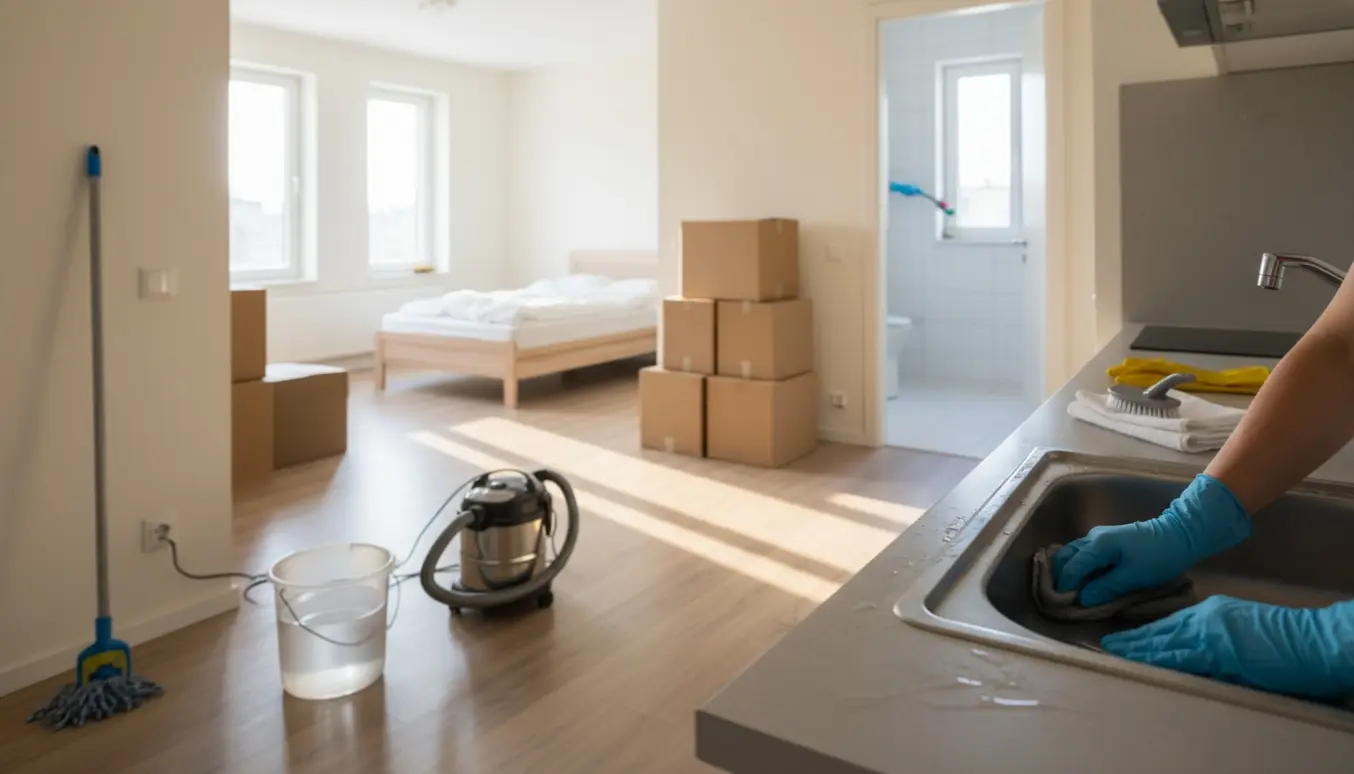 Sollyst fraflytningslejlighed under rengøring med handsker, moppe og flyttekasser.