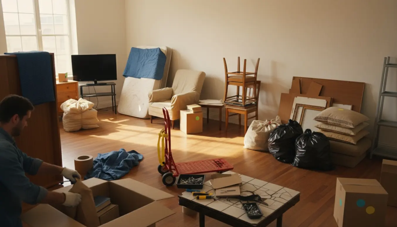 To-værelses lejlighed under oprydning med møbler, flyttekasser og flytteudstyr klar til bortskaffelse eller genbrug.