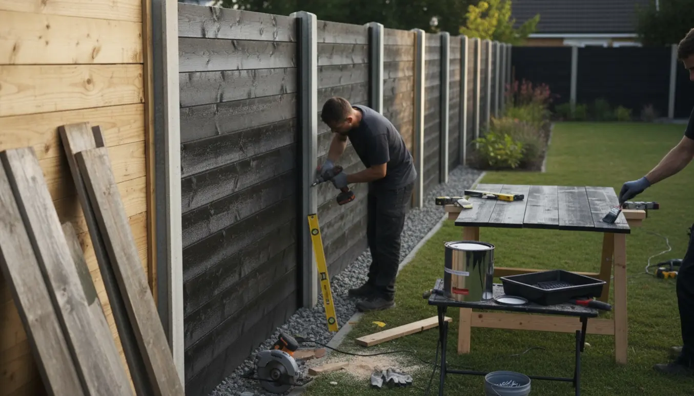 Håndværkere monterer sort vandret træplankeværk langs en lang havegrænse med værktøj og friske planker.