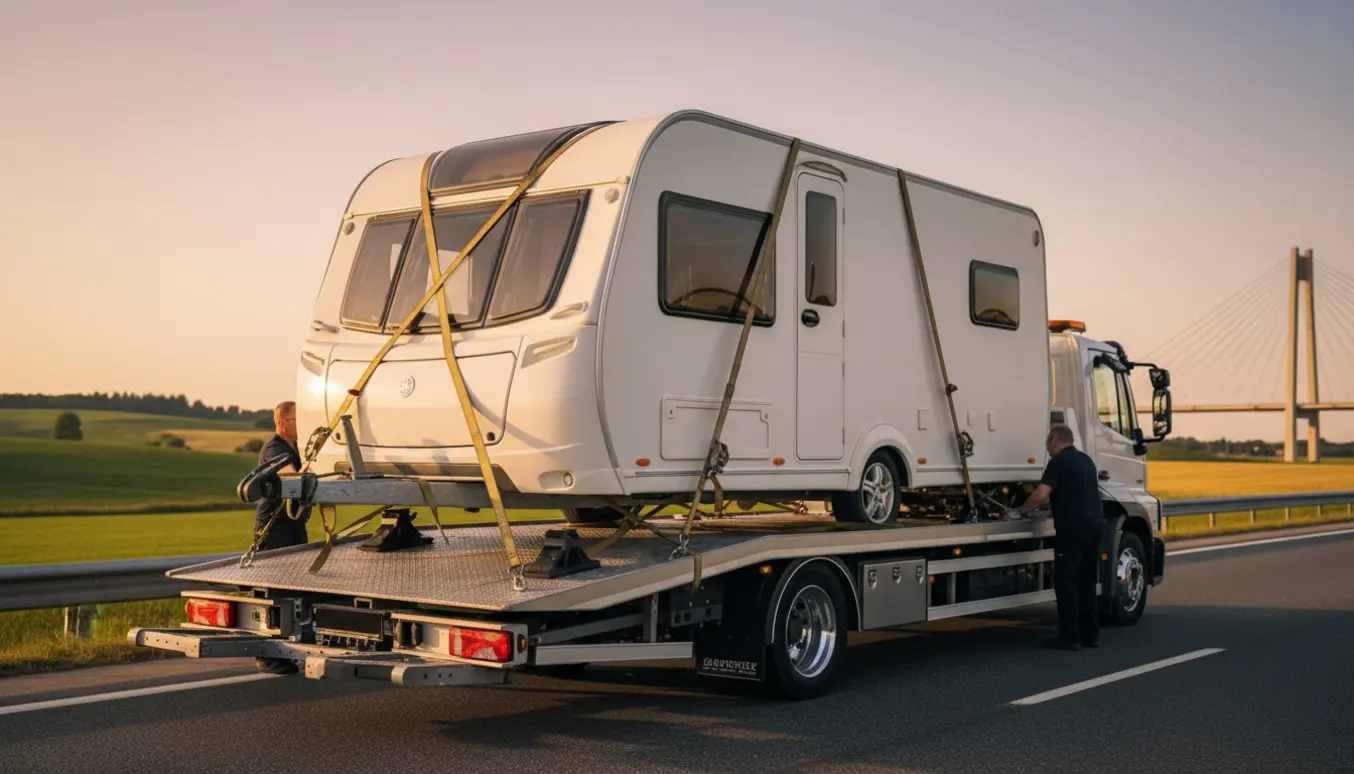 Campingvogn sikkert fastgjort på en lav trailer ved en dansk motorvej i varmt aftenslys.